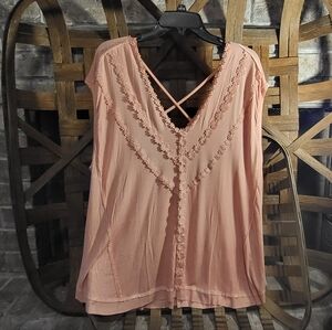 POL Oversized Sleeveless Top- Flower lace trim, deep v-neck, LARGE